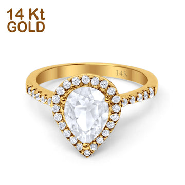 14K Yellow Gold Halo Teardrop Bridal Filigree Ring Simulated Cubic Zirconia